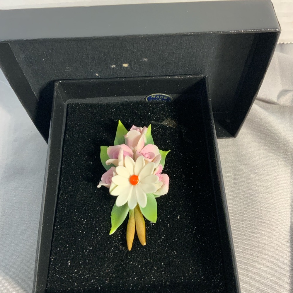 Vintage Porcelain Floral Bouquet Brooch Pin W/ Box